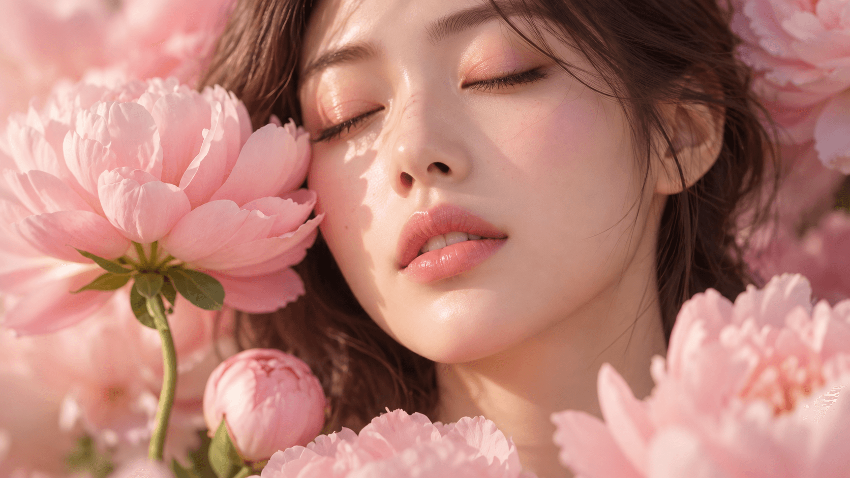 자연광 아래 피오니 꽃에 기댄 여성의 얼굴 클로즈업